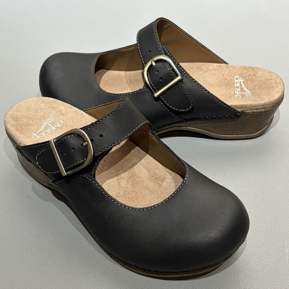 Dansko Martina Black Oiled Leather Mary Jane Buckle Mule Clog EU 37 US 6.5-7